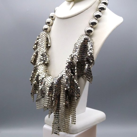 Disco Runway Mesh Statement Necklace, Large Silver Tone Beads - Picture 1 of 5